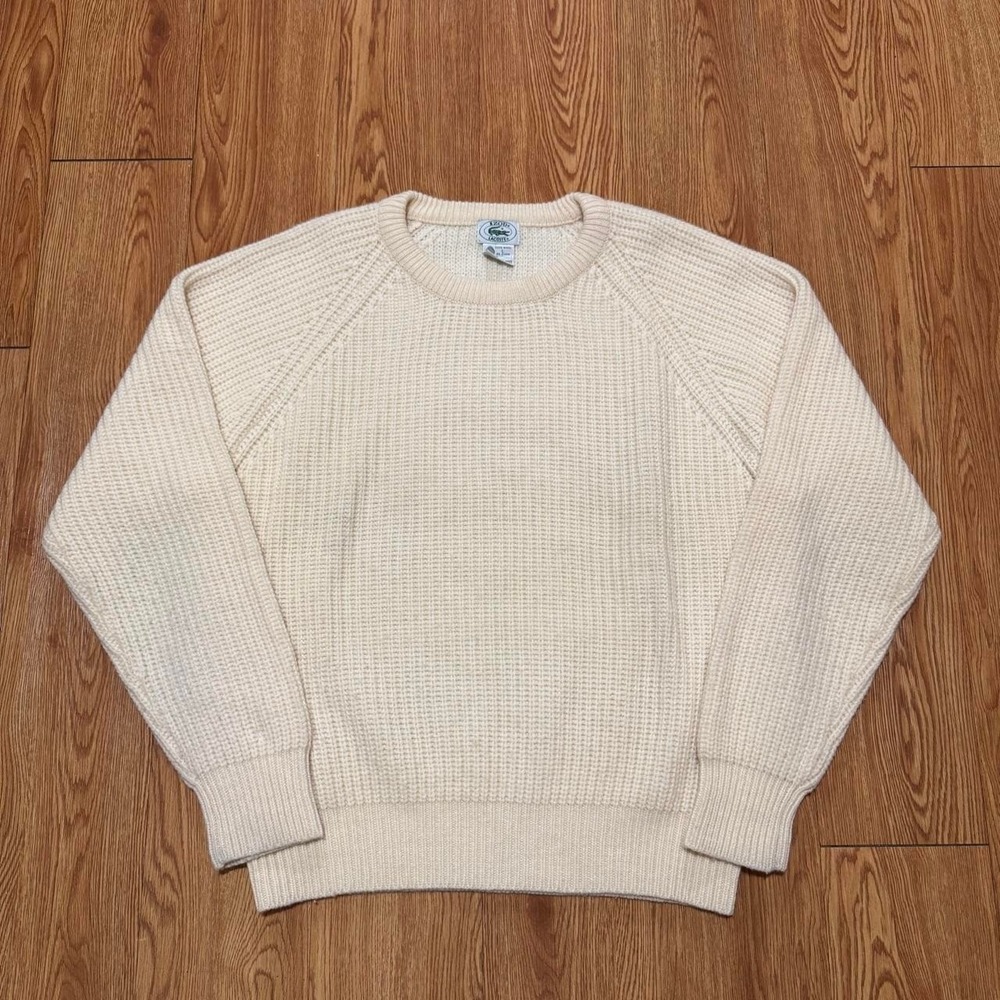 IZOD Lacoste Men's Sweater Large Wool Chunky Knit Grandpa Fisherman White